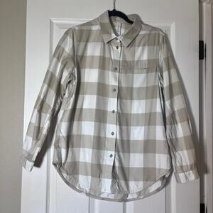 Lululemon Tan and White Full Day Ahead Plaid Button Up Shirt Size 8